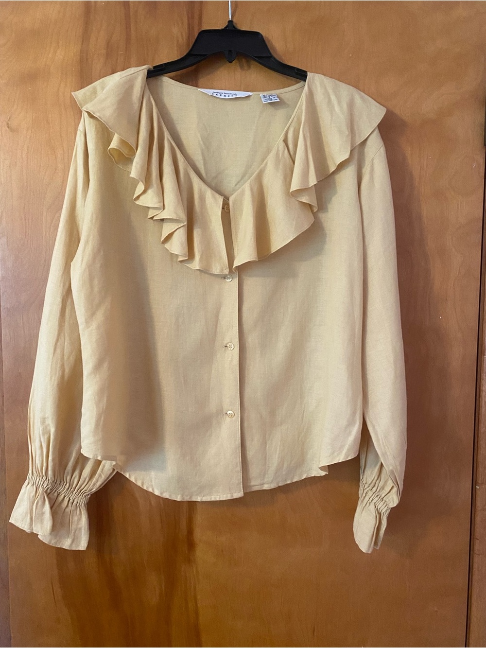 Express Pale Yellow Ruffle Collar Button-Down Blouse